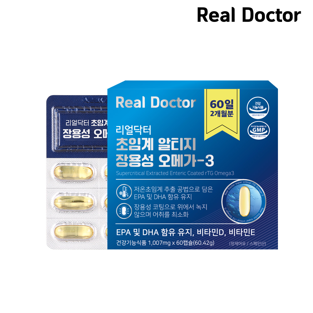 <b>리얼닥터</b> 초임계 알티지 장용성 오메가3 비타민D E 혈행개선 뻐건강 60캡슐, 1개