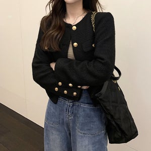 여성트위드자켓 크롭 노카라 검정 간절기 긴팔 숏 자켓