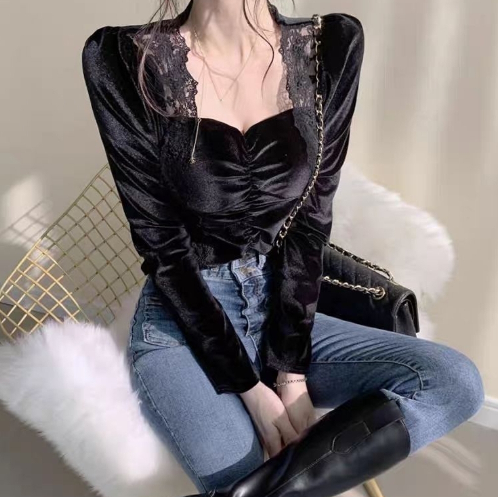 스퀘어넥 레이스 벨벳 셔링 티셔츠