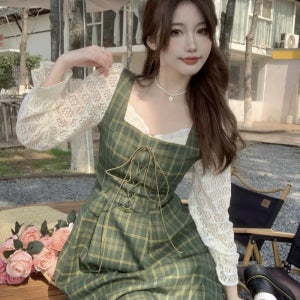빅사이즈 공주풍 페이크 투피스 체크 무늬 코르셋 롱 원피스