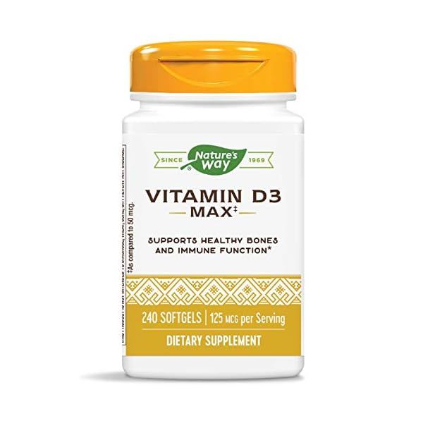 Nature’s Way 비타민 D3 Max, 건강한 뼈와 <b>치아</b> 지원, 면역 건강 지원, 1회 섭취 시 125mcg, 소프트겔 240개
