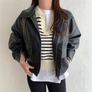 (무료배송)델티 하프 레더자켓(2color) 블루종점퍼 항공점퍼 세미크롭자켓 크롭코트 포켓 스트링 가죽자켓 환절기아우터 집업 라이더자켓 하이넥 출근룩 개강룩 놈코어