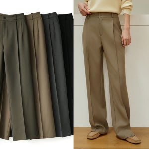 도밍고블루 플랫핀턱 기모 와이드슬랙스 (뒷밴딩 울터치 구김없는 탄탄스판)