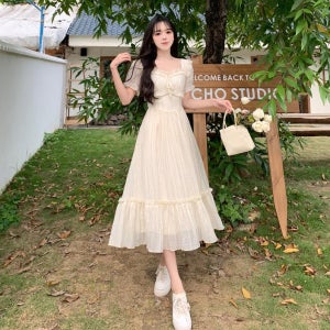 공주풍 플러스사이즈 프렌치 스퀘어넥 퍼프 롱 원피스