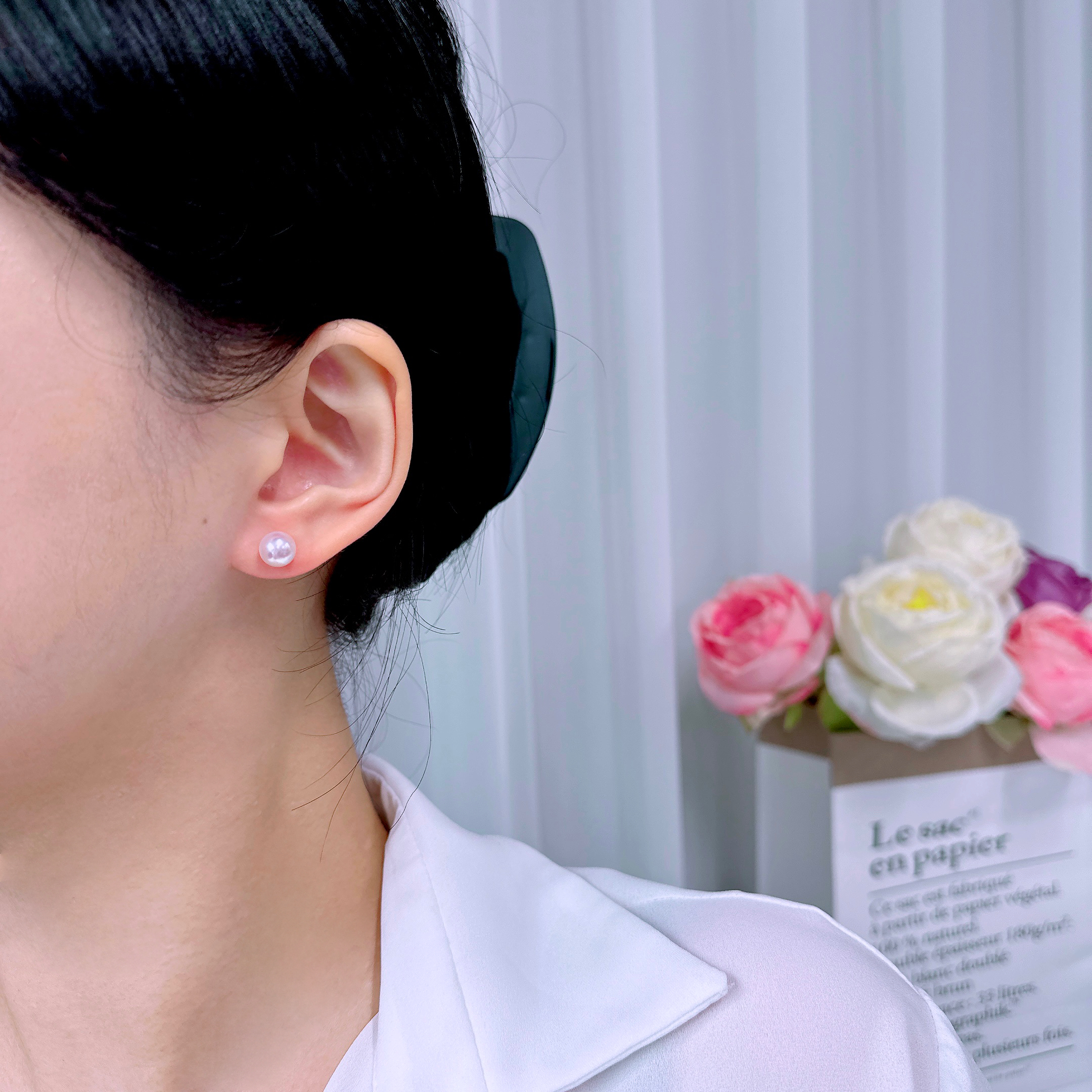 [가심비 좋은] 아코야 해수 진주 7.5mm 8mm 14K 화이트 골드 침 귀걸이