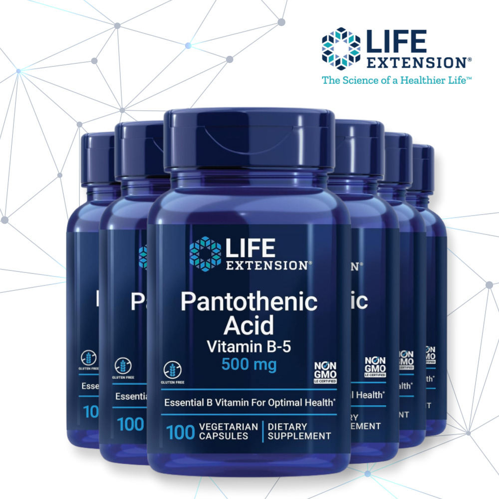 라이프 익스텐션 6개 <b>판토텐산</b> 비타민 <b>B5</b> 500mg 식물성 100 캡슐 칼슘 쌀 추출물
