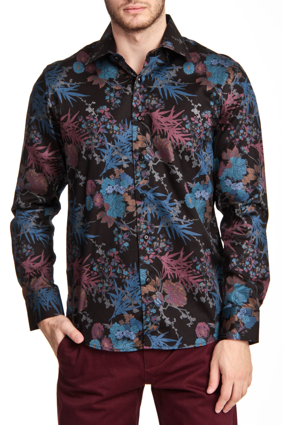 TR Premium - Floral Print Dress Shirt in Black 드레스셔츠