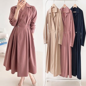 간절기 가을 밴딩 셔츠 트렌치원피스 코트 카라 플레어 롱원피스 오피스 하객룩