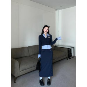 가을 스쿨룩 코디세트 셋업 니트 탑 롱 스커트