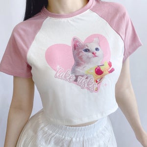 하트캣 나그랑 크롭티 2color 핑크 블랙 배색 귀여운 고양이 반팔티 키치 y2k 뉴진스 물총 워터밤