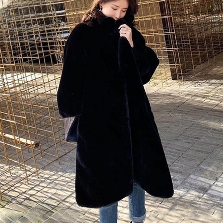 블랙 롱 코트 핑크 페이크 퍼 코트 인조 모피 코트