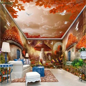 Beibehang 커스텀 3D 벽지, 아름다운 꿈의 요정 버섯 집 숲 풀 하우스, 배경 벽