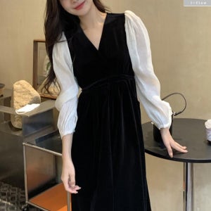 하스더 블라우스 레이어링 브이넥 벨벳 롱원피스 (블랙) 겨울 봄 허리스트링 제이플로우