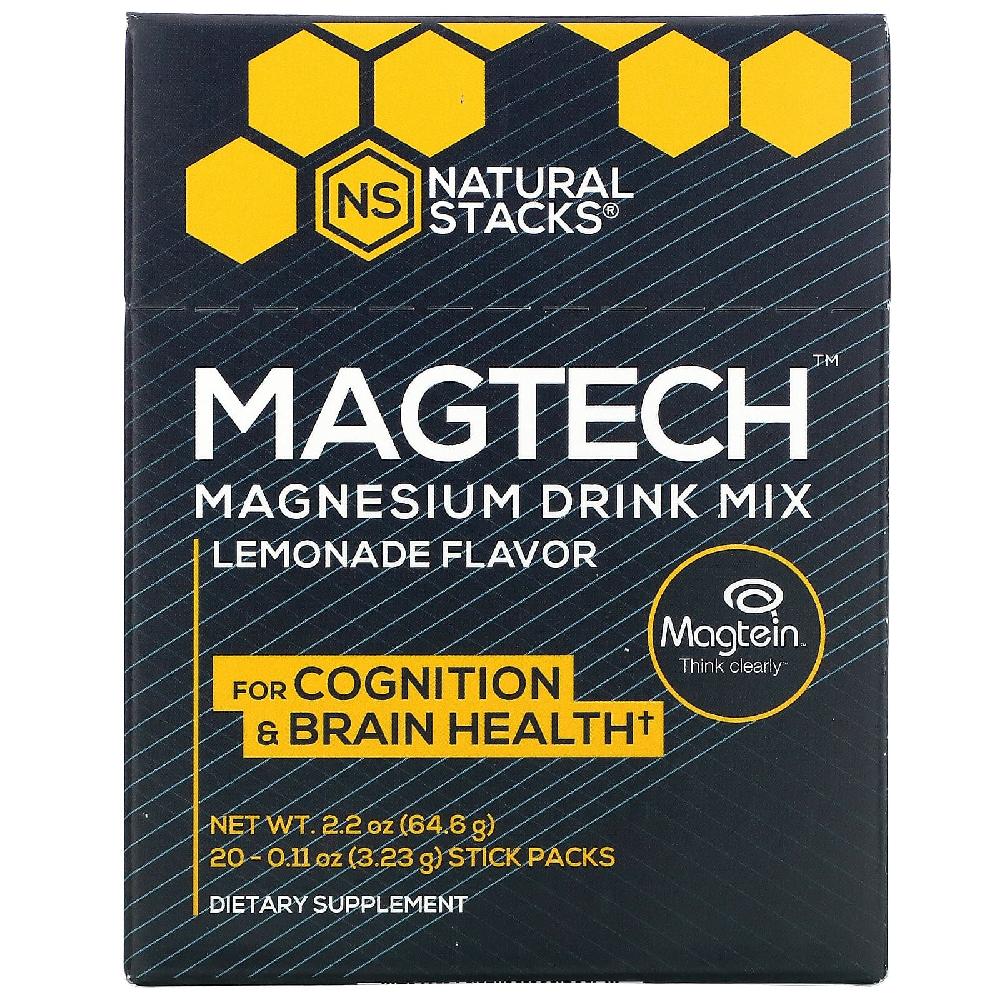 내추럴 스택스 <b>MagTech 마그네슘 드링크 믹스</b> 레모네이드 스틱팩 20개입