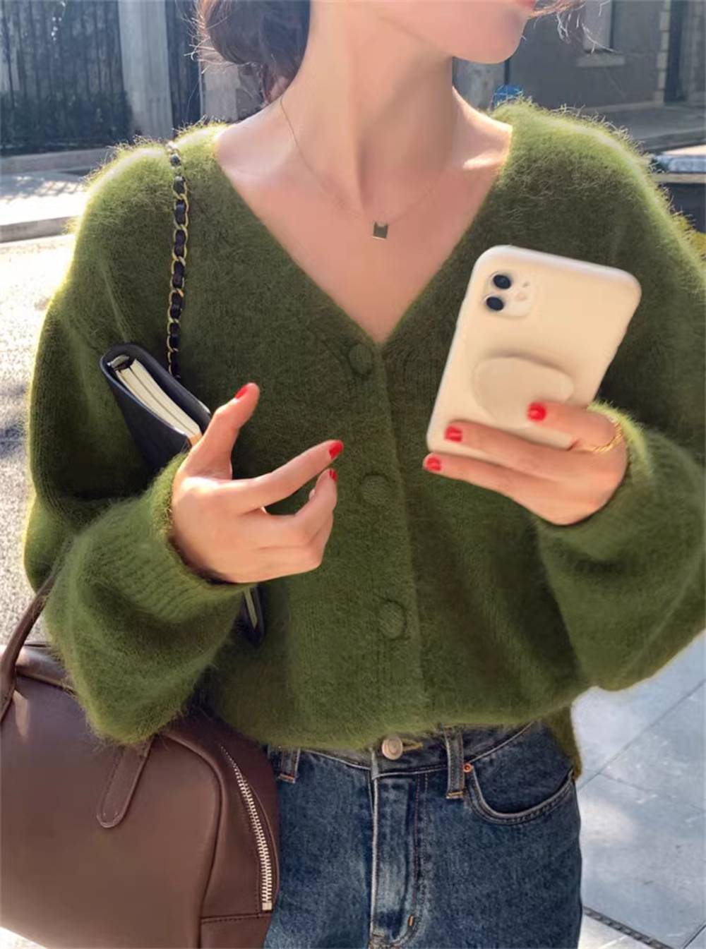 앙고라가디건 초록색가디건 콩단추 크롭 솔잎 브이넥 빨간
