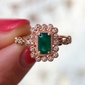 14K 18K 아르누보 에메랄드컷 그린 오닉스 & 큐빅 반지