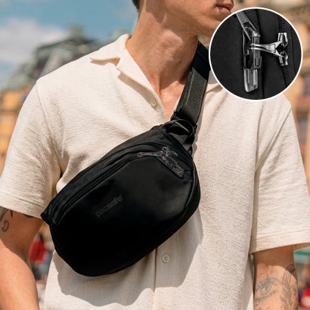 팩세이프 V 힙색 슬링백 유럽 여행 힙팩 도난방지 가방 RFID스캔차단 웨이스트백 힙색 크로스백 바이브100