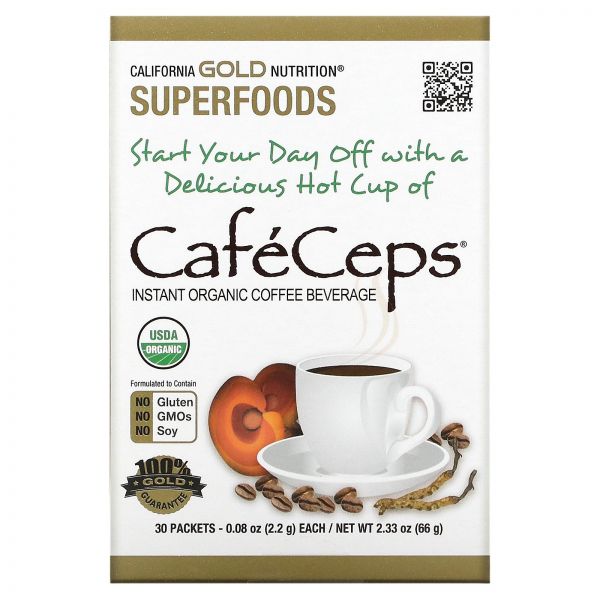 California Gold Nutrition <b>CafeCeps</b> 동충하초 영지버섯 분말이 함유된 인스턴트 커피 30개입 개당 2.2g(0.08oz)