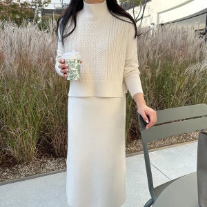 겨울 원피스 반목 조끼 레이어드 세트 니트 롱 원피스 하객룩