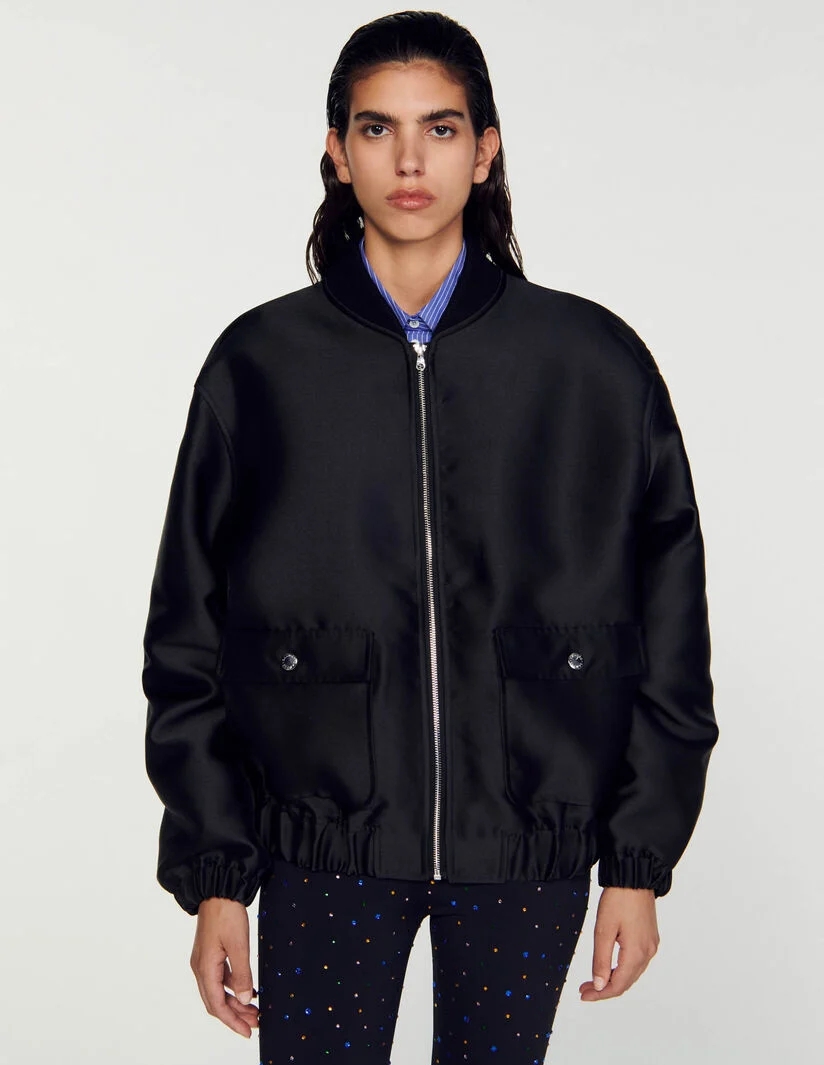 SANDRO 산드로 23FW 새틴 오버사이즈 보머 패딩 집업 자켓 블랙