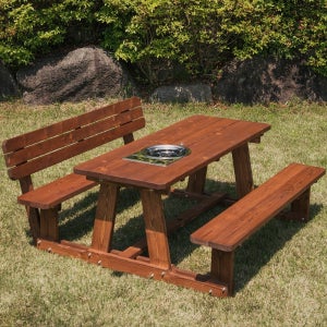 [로스타형] 야외테이블 세트 파라솔 피크닉 정원 개방형 한쪽등받이 4인월넛색