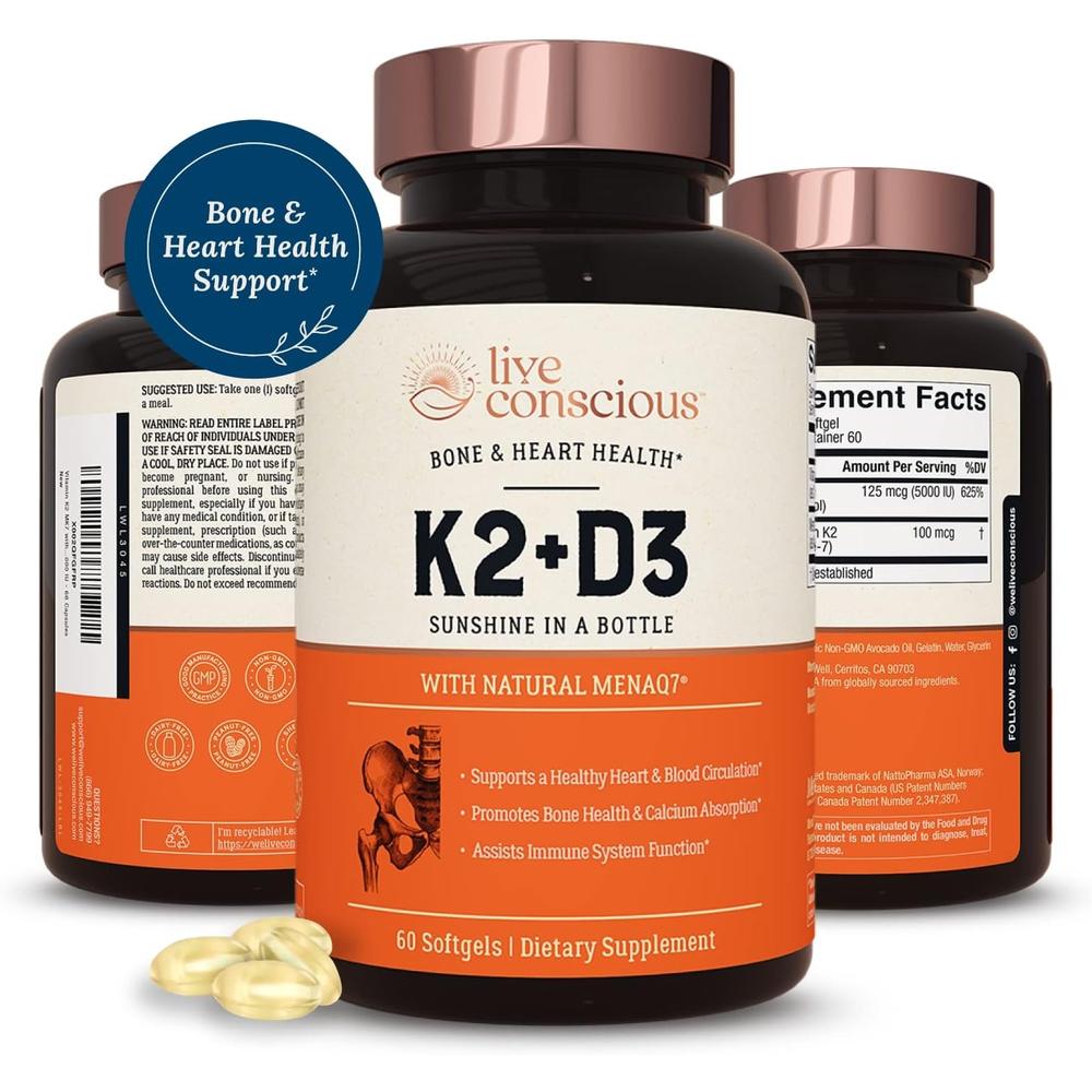 라이브 컨스셔스 <b>비타민 K2</b> D3 60소프트겔 <b>Live Conscious</b> Vitamin <b>K2</b> D3