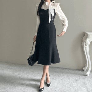 머스켓 시스루 타이 리본 머메이드 스판 롱 하객 몸매보정 파티 스판 원피스(2COLOR)