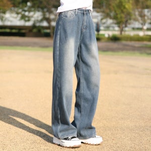 동대문스타일 빈티지 바이오워싱 와이드 본딩 기모청바지 여성 겨울바지 OR2924