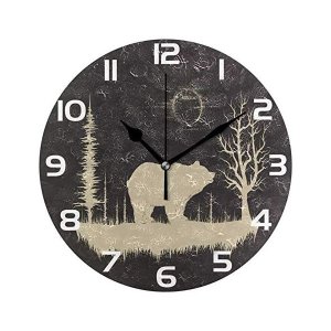 ALAZA 숲 속의 그룬지 베어 둥근 벽시계 조용한 똑딱거리는 유화 홈 오피스 스쿨 장식 시계 아트 Multi01