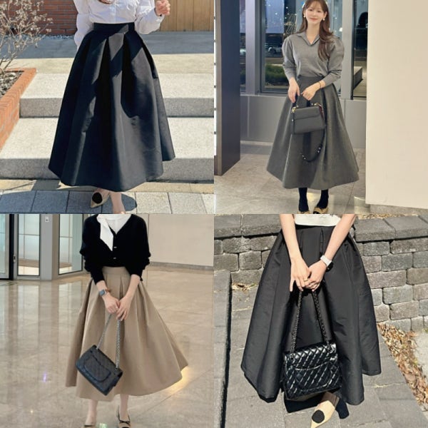 [4계절버젼] 3color 햅번 플리츠 핀턱 주름 플레어 롱스커트