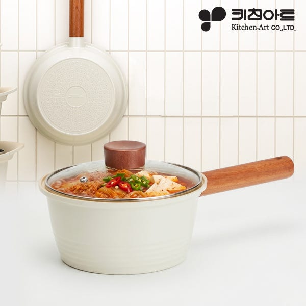 키친아트 편수냄비 라면 냄비 18cm 인덕션 이유식 1인용 세라믹 코팅 원목손잡이