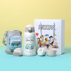 스누피 굿즈 600ml 직음 빨대 컵 세 가지 뚜껑 전용 스트랩 홀더 포함 보온 보냉 텀블러 보온병