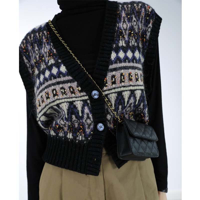 레트로 여성 조끼 베스트 책 세련 된 유물 빈티지 자카드 수입 울 모헤어 도트 원사 실루엣 니트