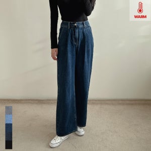 여성 기모청바지 하이웨스트 와이드 밴딩 통청바지