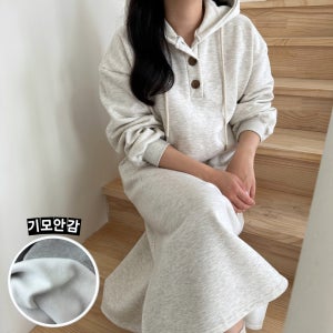 (기모) 겨울 원피스 후드 단추 기모 롱 원피스 빅사이즈