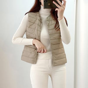 덕다운100 여성 패딩 조끼 2 Way 스타일 간절기 코트속 오리털 경량조끼 베이지