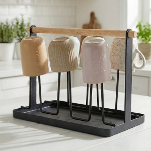 스텐 컵걸이 거치대 꽂이 머그컵 정리대 우드 6구