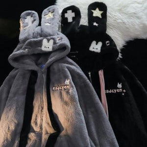 커플 토끼 귀달린 귀여운 겨울 후리스 퍼 후드집업