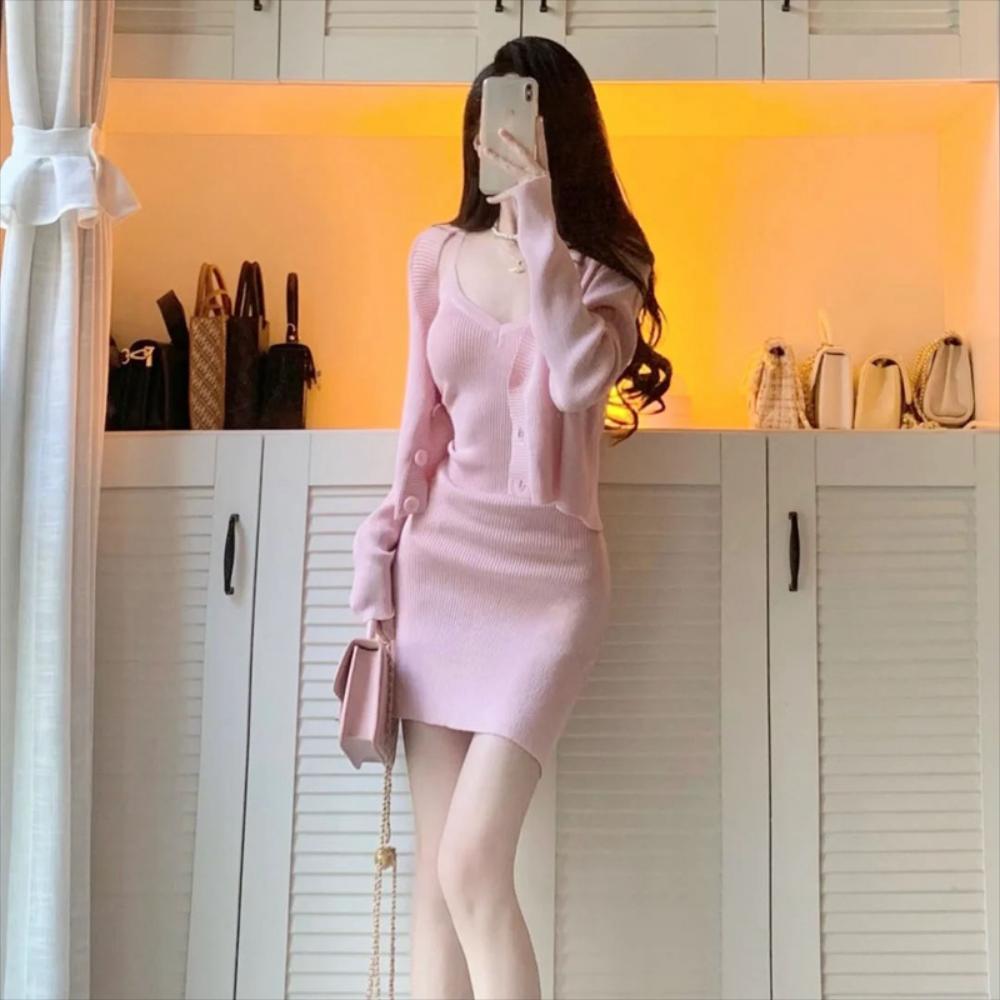 니트 원피스 세트 쇼핑몰 카운터 제거 특가 가을 로우 컷 캐미솔 가디건