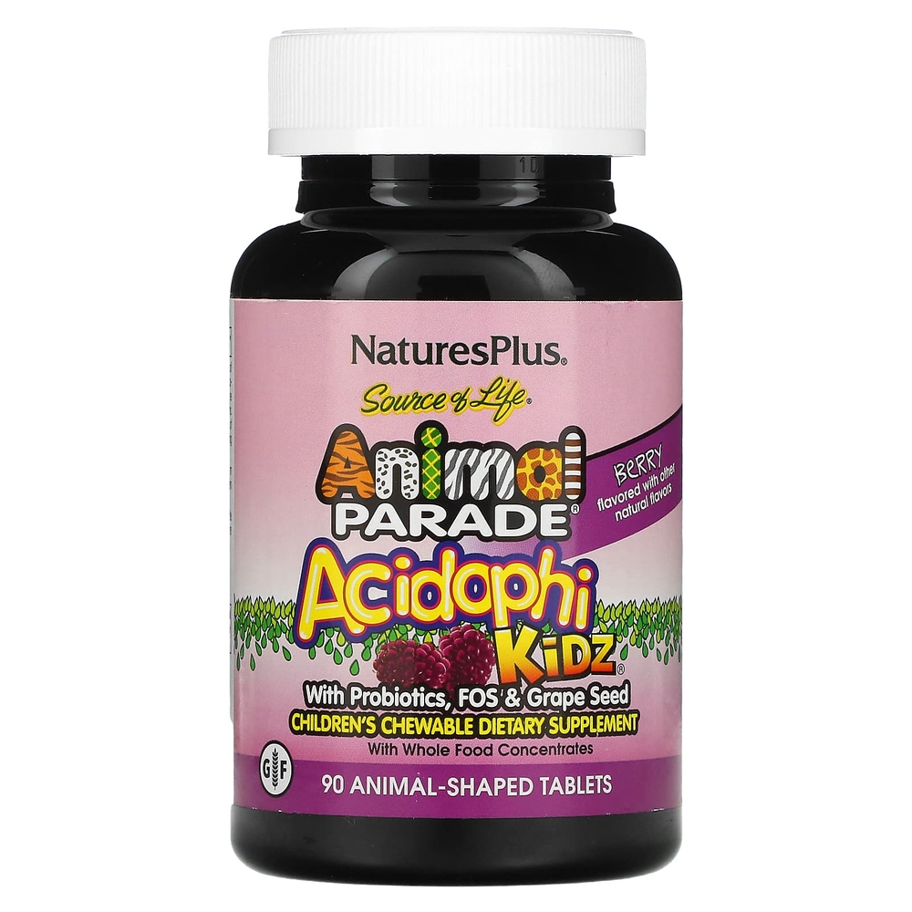 <b>NaturesPlus</b> Source of Life Animal Parade AcidophiKidz 어린이용 츄어블정 천연 베리 맛 90정 동물모양 영양간식