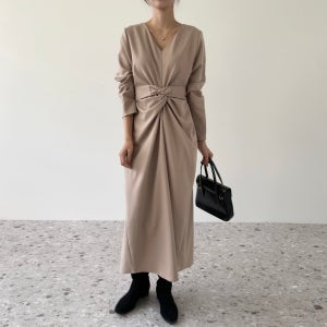 (자체제작)메종드 꼬임 허리끈 브이넥 긴팔 루즈핏 하객룩 격식룩 롱 원피스