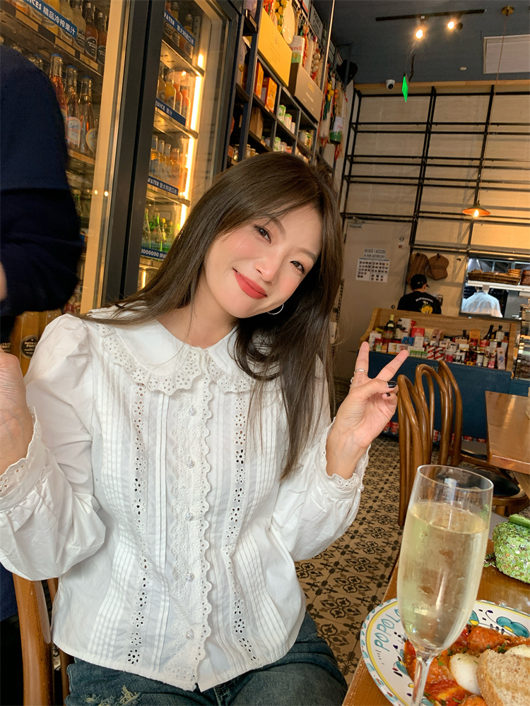 펀칭 레이스 카라 화이트 블라우스