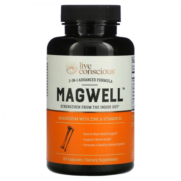 <b>Live Conscious</b> MagWell 3 in 1 마그네슘 아연 <b>비타민D3</b> 비건 캡슐 120정