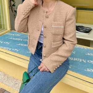 세-일 JS뉴욕 J41노카라 베이지 골드단추 크롭 숏 트위드 간절기 자켓 제이에스뉴욕F22