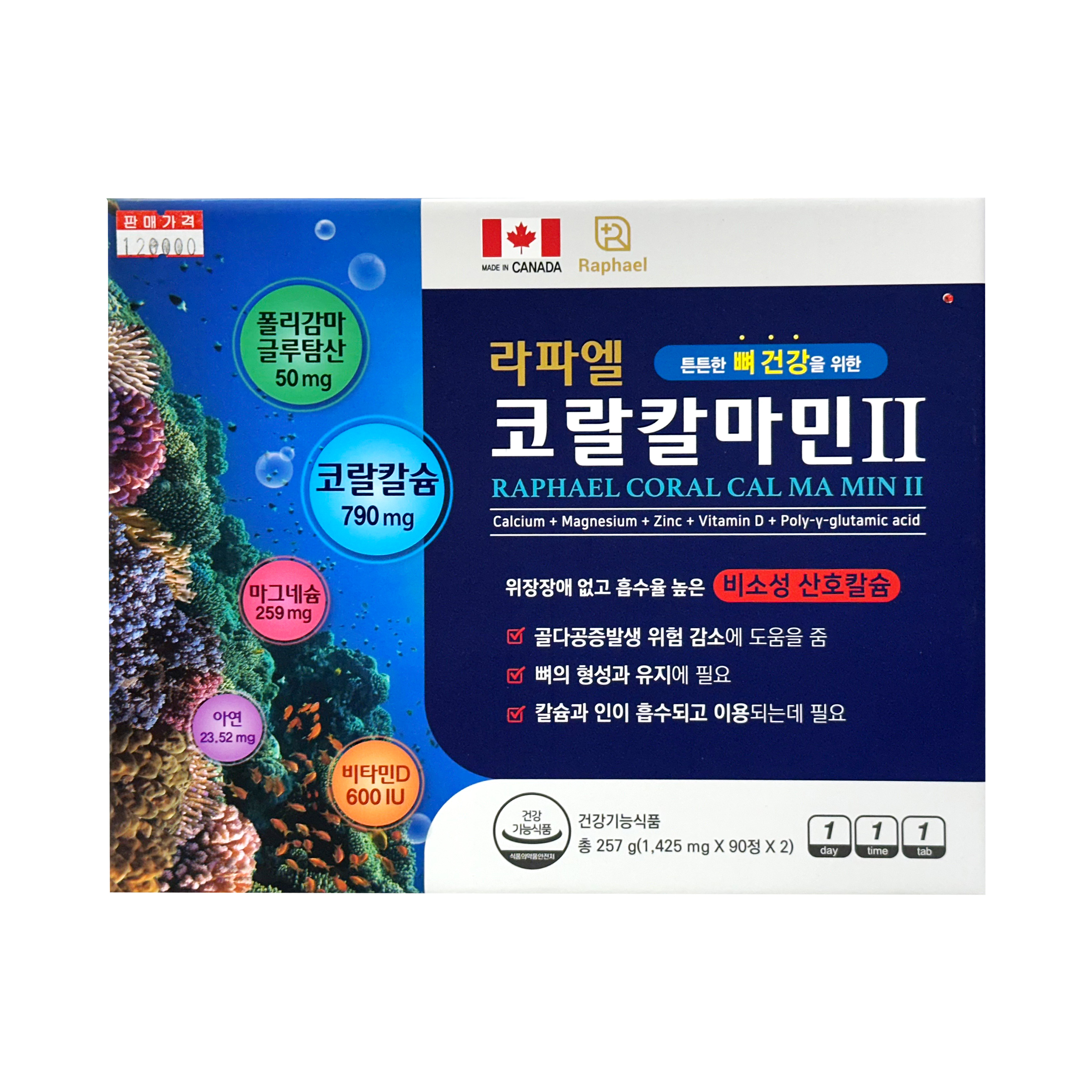 <b>라파엘</b> 코랄칼마민2 180정 6개월분 코랄<b>칼슘</b> 뼈건강 골다공증영양제
