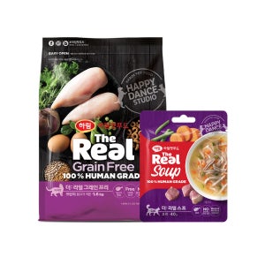 더리얼 캣 그레인프리 크런치 사료 + 캣 스프 (닭고기 키튼 1.6kg+캣 스프 오리 40g)