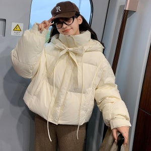 리본 하이넥 포켓 밑단 스트링 후드 스트랩 집업 여성숏패딩