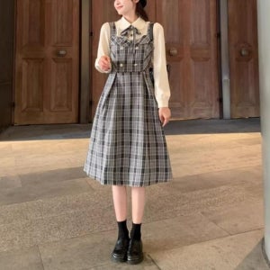 귀여운 놀이공원코디 교복 스타일 고방체크 스쿨룩 원피스