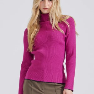 [캐리스노트] 리브 짜임 배색 라인 하이넥 니트 마젠타 CN3WKT003MT