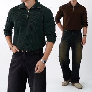 1+1 골지 반집업니트 워셔블니트 초록색